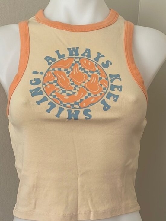 Tops - Graphic Crop Tank Top in Orange/Cream, Medium